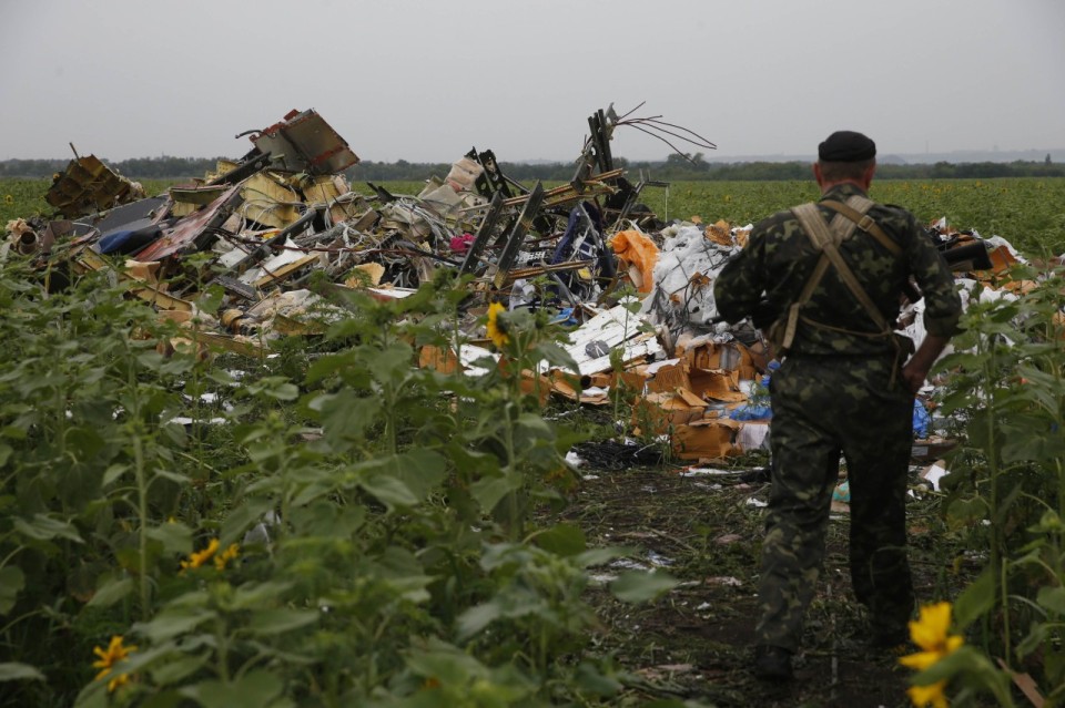 A pro-Russian separatist looks at wreckage from the nose section of a Malaysia Airlines Boeing 777 plane which was downed near the village of Rozsypne, in the Donetsk region